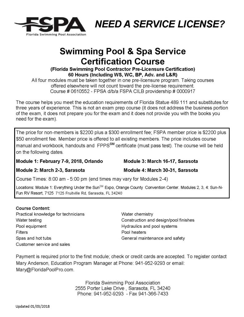 Swimming Pool and Spa Service Certification Course Module 1- Orlando - FSPA